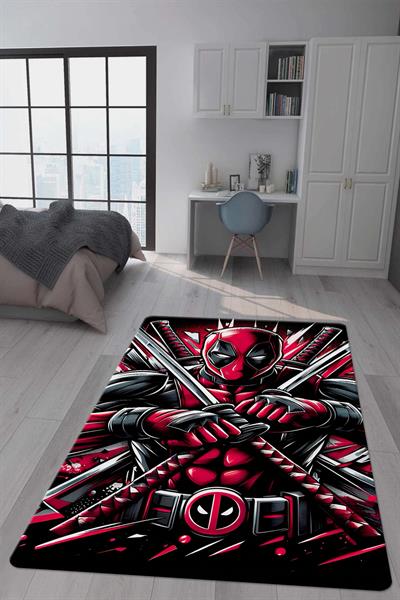 Kaymaz Taban Makinada Yıkanabilir Dijital Baskı Deadpool Desenli Genç Odası Halısı Dot Taban Halı GNC08