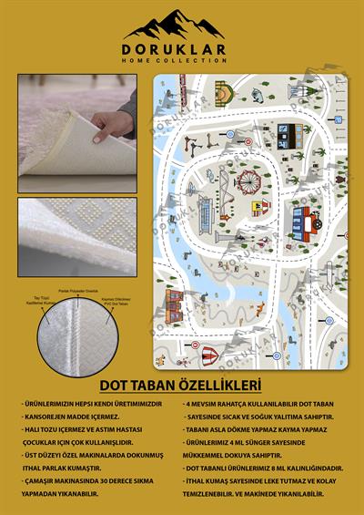 Kaymaz Taban Makinada Yıkanabilir Dijital Baskı Yol Desenli Çocuk Odası Halısı Dot Taban Halı