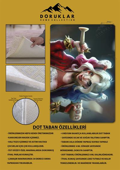 Kaymaz Taban Makinada Yıkanabilir Dijital Baskı Harley Quenn Desenli Genç Odası Halısı