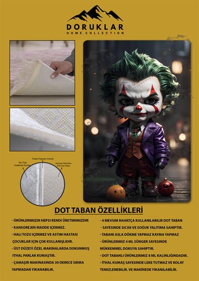 Kaymaz Taban Makinada Yıkanabilir Dijital Baskı Baby Joker Desenli Genç ve Çocuk Odası Halısı Dot Taban Hal