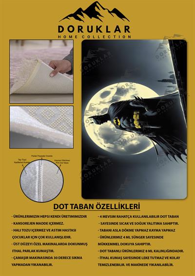 Kaymaz Taban Makinada Yıkanabilir Dijital Baskı Batman Desenli Genç ve Çocuk Odası Halısı
