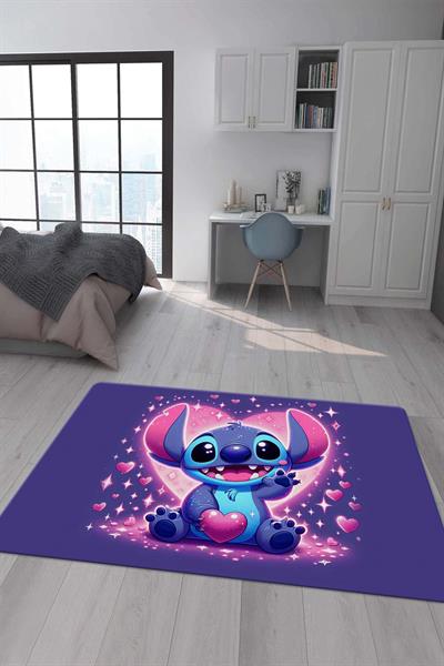 Kaymaz Taban Makinada Yıkanabilir Dijital Baskı Stitch Desenli Çocuk Odası Halısı Dot Taban Halı 0004