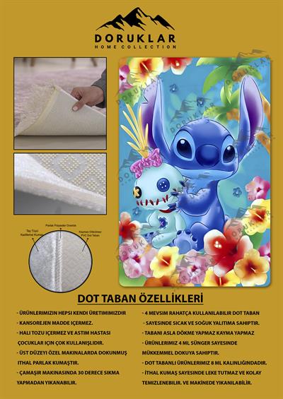 Kaymaz Taban Makinada Yıkanabilir Dijital Baskı Stitch Desenli Çocuk Odası Halısı Dot Taban Halı 0008
