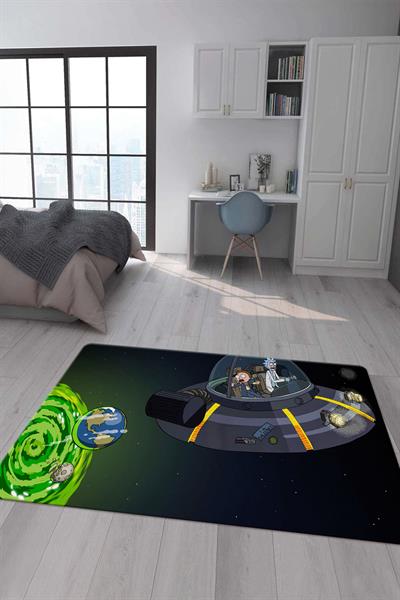 Kaymaz Taban Makinada Yıkanabilir Dijital Baskı Rick and Morty Desenli Çocuk Odası Halısı Dot Taban Halı RM05