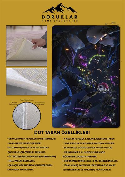 Kaymaz Taban Makinada Yıkanabilir Dijital Baskı Arcane Jinx ve Vi Desenli Çocuk Odası Halısı Dot Taban Halı ARC16