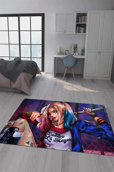 Kaymaz Taban Makinada Yıkanabilir Dijital Baskı Harley Quinn Desenli Genç Odası Halısı Dot Taban Halı GNC21