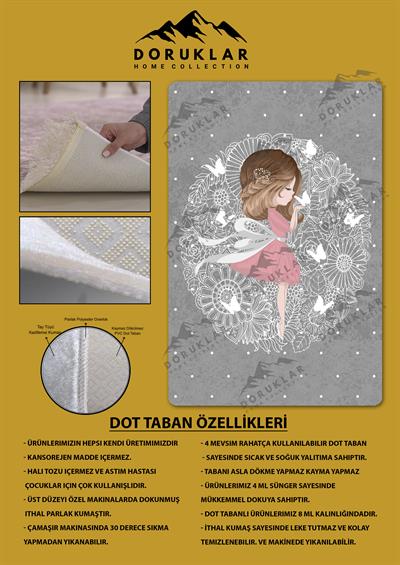 Kaymaz Taban Makinada Yıkanabilir Dijital Baskı Kız Desenli Çocuk Odası Halısı Dot Taban Halı