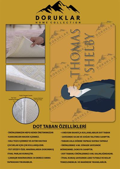 Kaymaz Taban Makinada Yıkanabilir Dijital Baskı Thomas Shelby Desenli Genç Odası Halısı Dot Taban Halı GNC23