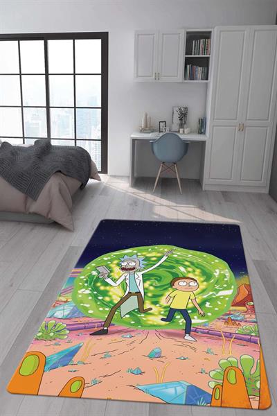 Kaymaz Taban Makinada Yıkanabilir Dijital Baskı Rick and Morty Desenli Genç Odası Halısı