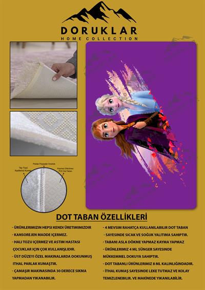Kaymaz Taban Makinada Yıkanabilir Dijital Baskı Elsa Frozen Desenli Genç Odası Halısı Dot Taban Halı GNC24