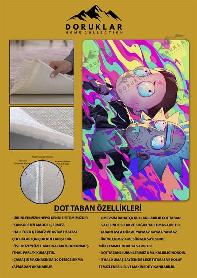 Kaymaz Taban Makinada Yıkanabilir Dijital Baskı Rick and Morty Desenli Çocuk Odası Halısı Dot Taban Halı RM02