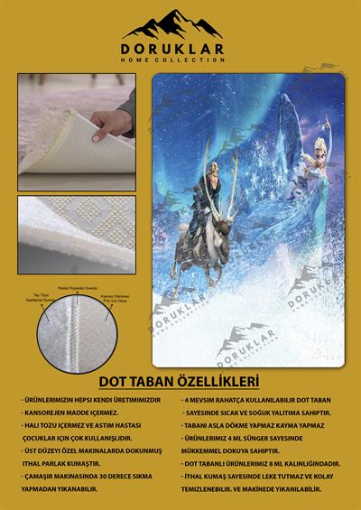 Kaymaz Taban Makinada Yıkanabilir Dijital Baskı Elsa Desenli Çocuk Odası Halısı Dot Taban Halı