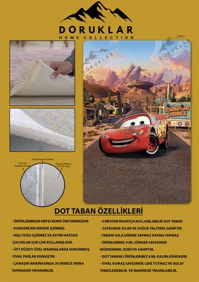 Kaymaz Taban Makinada Yıkanabilir Dijital Baskı Şimşek Mcqueen Desenli Genç Odası ve Çocuk Odası Halısı Dot Taban Halı