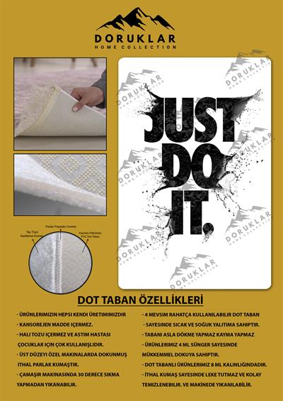 Kaymaz Taban Makinada Yıkanabilir Dijital Baskı Just Do It Desenli Genç Odası Halısı Dot Taban Halı