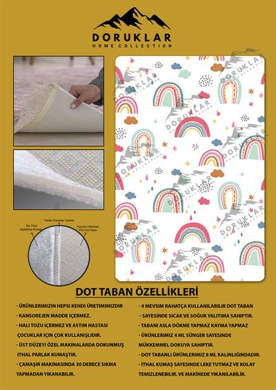 Kaymaz Taban Makinada Yıkanabilir Dijital Baskı Gökkuşağı Desenli Çocuk Odası Halısı Dot Taban Halı RB01