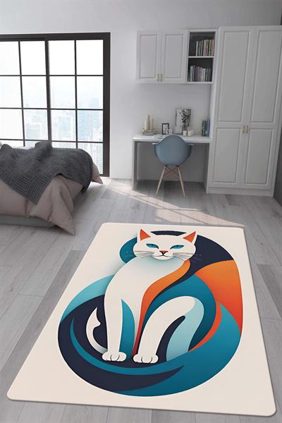 Kaymaz Taban Makinada Yıkanabilir Dijital Baskı Kedi Desenli Genç Halısı Dot Taban Halı
