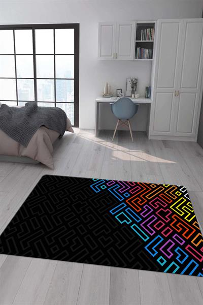 Kaymaz Taban Makinada Yıkanabilir Dijital Baskı Geometrik Desenli Genç Odası Halısı