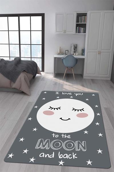 Kaymaz Taban Makinada Yıkanabilir Dijital Baskı Ay Desenli Çocuk Odası Halısı Dot Taban Halı