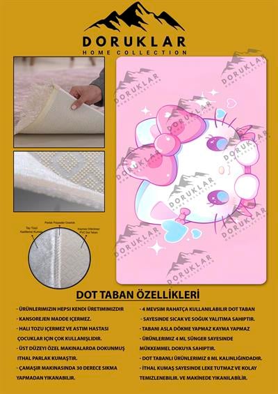 Kaymaz Taban Makinada Yıkanabilir Dijital Baskı Hello Kitty Desenli Genç Odası Halısı Dot Taban Halı GNC69