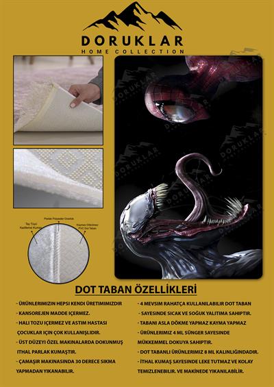 Kaymaz Taban Makinada Yıkanabilir Dijital Baskı Spiderman Venom Desenli Genç Odası Halısı Dot Taban Halı GNC75