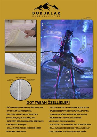 Kaymaz Taban Makinada Yıkanabilir Dijital Baskı Arcane Jinx Desenli Çocuk Odası Halısı Dot Taban Halı ARC02