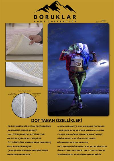 Kaymaz Taban Makinada Yıkanabilir Dijital Baskı Harley Quinn Desenli Genç Odası Halısı Dot Taban Halı GNC42