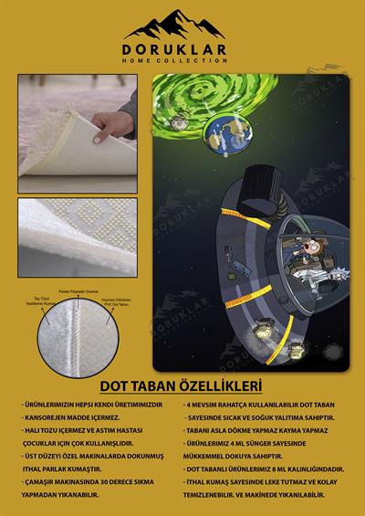 Kaymaz Taban Makinada Yıkanabilir Dijital Baskı Rick and Morty Desenli Çocuk Odası Halısı Dot Taban Halı RM05