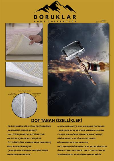 Kaymaz Taban Makinada Yıkanabilir Dijital Baskı Mjölnir Desenli Genç Odası ve Çocuk Odası Halısı Dot Taban Halı