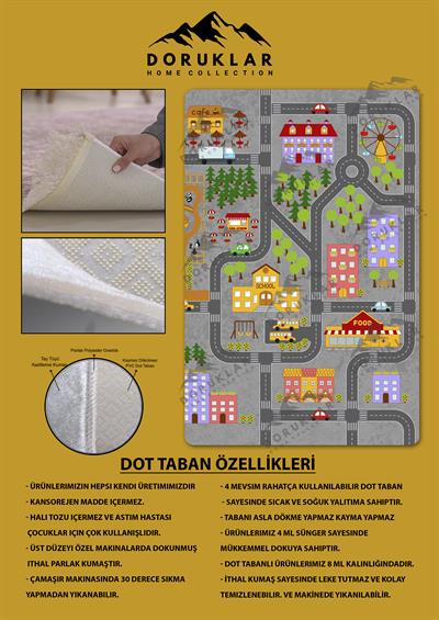 Kaymaz Taban Makinada Yıkanabilir Dijital Baskı Yol Desenli Çocuk Odası Halısı Dot Taban Halı
