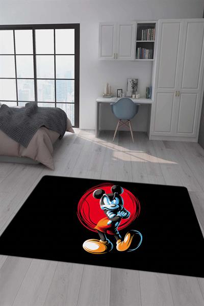 Kaymaz Taban Makinada Yıkanabilir Dijital Baskı Mickey Mouse Desenli Genç Odası Halısı Dot Taban Halı GNC63