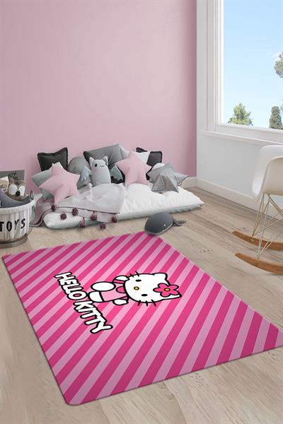Kaymaz Taban Makinada Yıkanabilir Dijital Baskı Hello Kitty Desenli Genç ve Çocuk Odası Halısı Dot Taban Halı