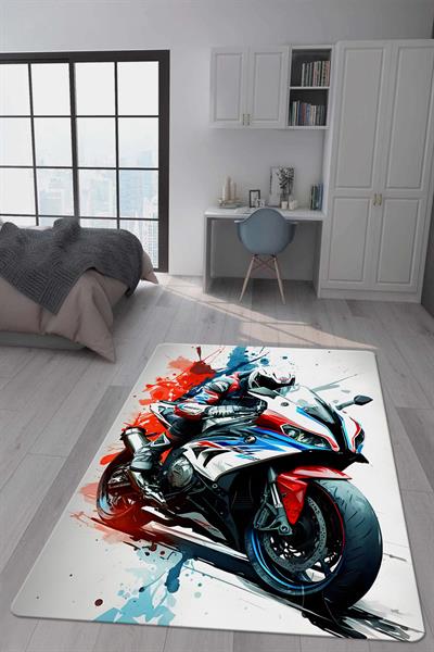 Kaymaz Taban Makinada Yıkanabilir Dijital Baskı Motor Desenli Genç Odası Halısı Dot Taban Halı GNC06