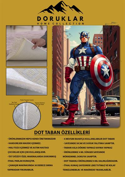 Kaymaz Taban Makinada Yıkanabilir Dijital Baskı Captan America Desenli Genç Odası Halısı Dot Taban Halı GNC07