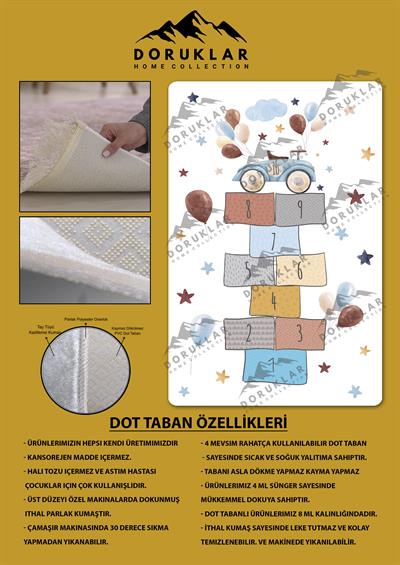 Kaymaz Taban Makinada Yıkanabilir Dijital Baskı Seksek Desenli Çocuk Odası Halısı Dot Taban Halı