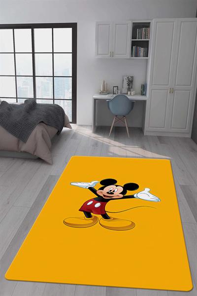 Kaymaz Taban Makinada Yıkanabilir Dijital Baskı Mickey Mouse Desenli Genç Odası Halısı Dot Taban Halı GNC46