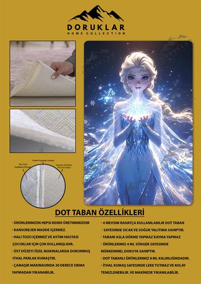 Kaymaz Taban Makinada Yıkanabilir Dijital Baskı Elsa Frozen Desenli Genç ve Çocuk Odası Halısı Dot Taban Halı