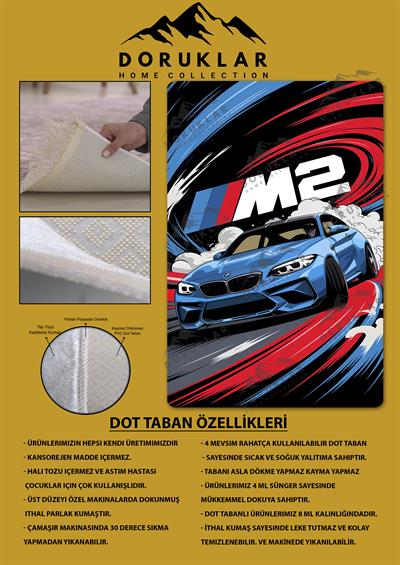 Kaymaz Taban Makinada Yıkanabilir Dijital Baskı Araba Desenli Genç Odası Halısı Dot Taban Halı GNC05