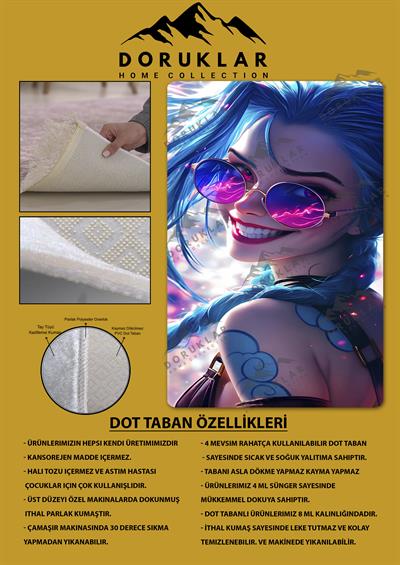 Kaymaz Taban Makinada Yıkanabilir Dijital Baskı Arcane Jinx Desenli Çocuk Odası Halısı Dot Taban Halı ARC06