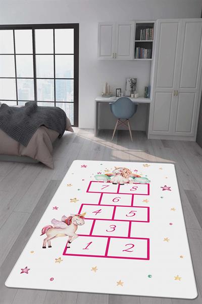 Kaymaz Taban Makinada Yıkanabilir Dijital Baskı Unicorn Seksek Desenli Çocuk Odası Halısı Dot Taban Halı