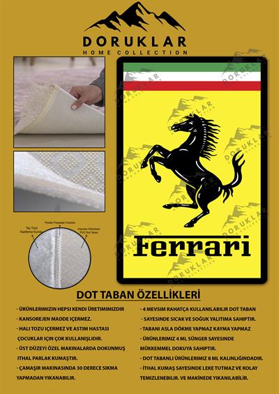 Kaymaz Taban Makinada Yıkanabilir Dijital Baskı Ferrari Desenli Genç Odası Halısı Dot Taban Halı