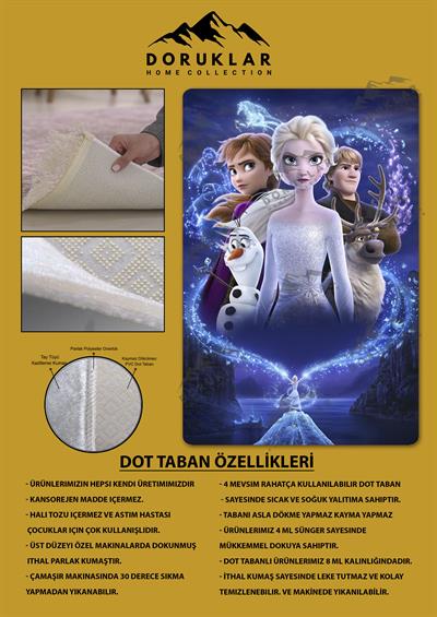 Kaymaz Taban Makinada Yıkanabilir Dijital Baskı Elsa Frozen Desenli Genç ve Çocuk Odası Halısı Dot Taban Halı