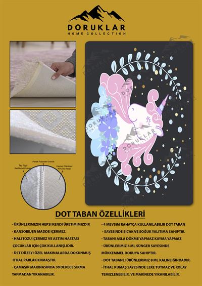 Kaymaz Taban Makinada Yıkanabilir Dijital Baskı Unicorn Desenli Çocuk Odası Halısı Dot Taban Halı