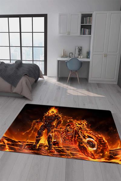 Kaymaz Taban Makinada Yıkanabilir Dijital Baskı Ghost Rider Desenli Genç Odası Halısı Dot Taban Halı GNC61
