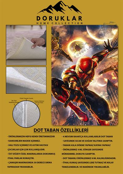 Kaymaz Taban Makinada Yıkanabilir Dijital Baskı Spiderman Desenli Genç Odası Halısı Dot Taban Halı GNC04