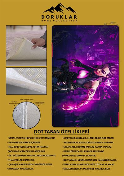 Kaymaz Taban Makinada Yıkanabilir Dijital Baskı Valorant Reyna Desenli Çocuk Odası Halısı Dot Taban Halı VL19