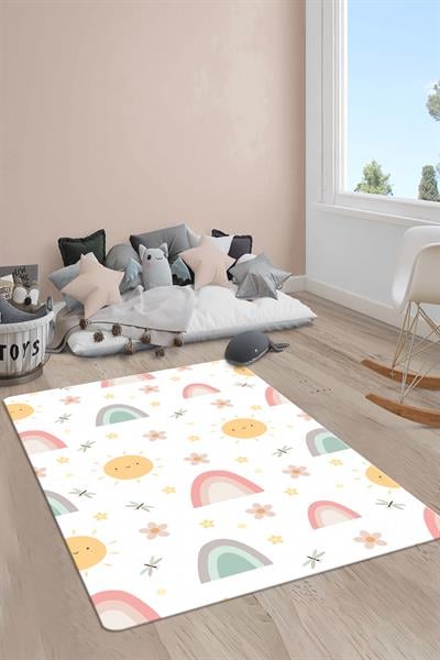 Kaymaz Taban Makinada Yıkanabilir Dijital Baskı Gökkuşağı Desenli Çocuk Odası Halısı Dot Taban Halı RB04
