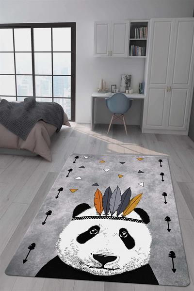 Kaymaz Taban Makinada Yıkanabilir Dijital Baskı Panda Desenli Çocuk Odası Halısı Dot Taban Halı