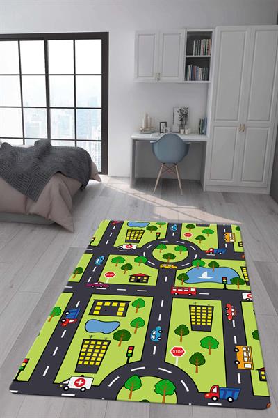 Kaymaz Taban Makinada Yıkanabilir Dijital Baskı Jungle Yol Desenli Çocuk Odası Halısı Dot Taban Halı