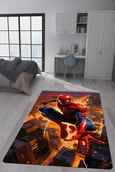 Kaymaz Taban Makinada Yıkanabilir Dijital Baskı Spiderman Desenli Genç Odası Halısı Dot Taban Halı GNC09