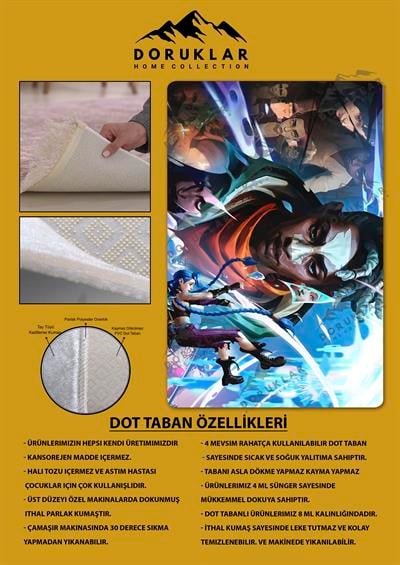 Kaymaz Taban Makinada Yıkanabilir Dijital Baskı Arcane Jinx ve Ekko Desenli Çocuk Odası Halısı Dot Taban Halı ARC19
